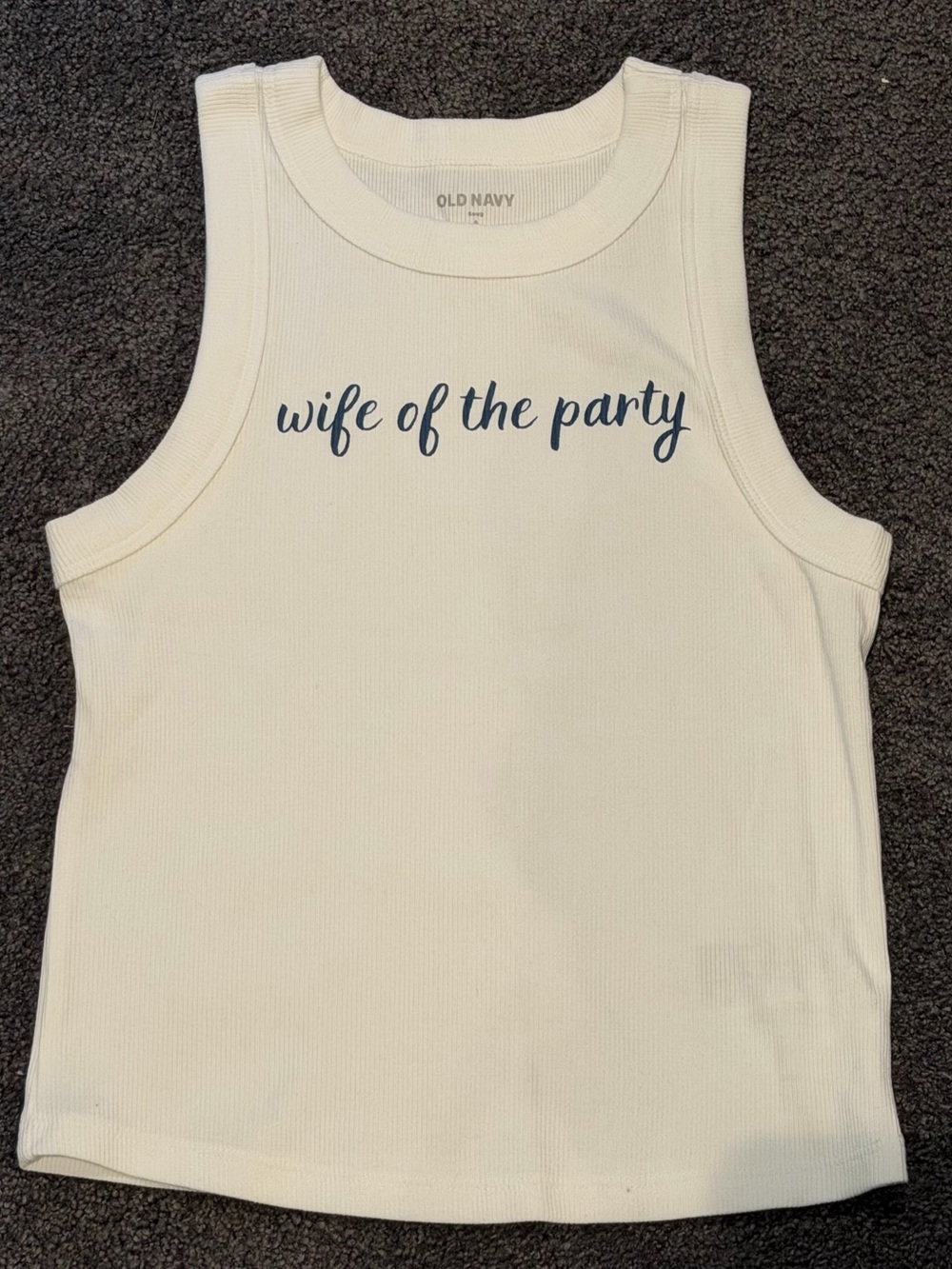 Old Navy White Snug Crop Ribbed 'Wife of the Party' Tank Top with Navy Script